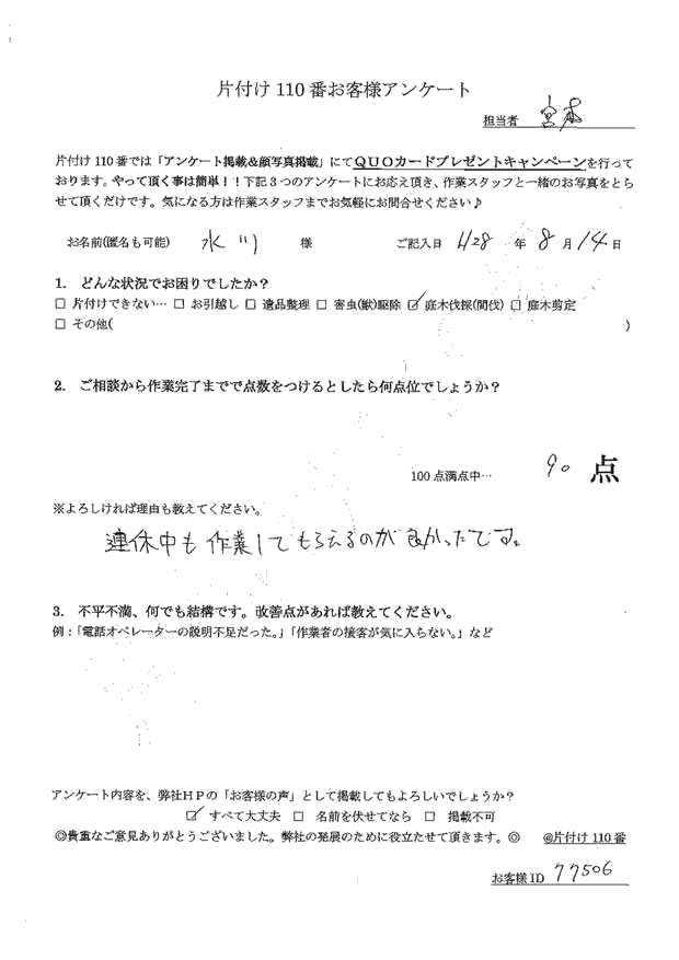 ソヨゴの木伐採 水川さま(女性)